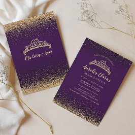Convites Glitter Dourado Roxo-Glítero Tiara Quinceanera