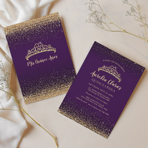 Convites Glitter Dourado Roxo-Glítero Tiara Quinceanera