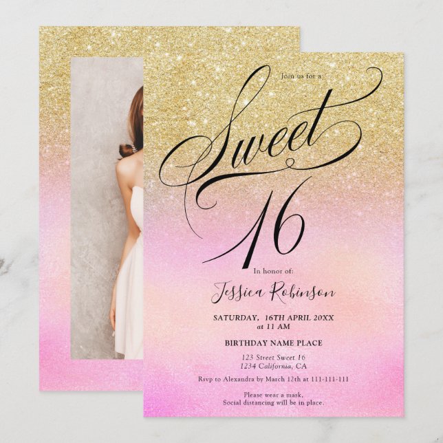 Convites glitter dourado script holográfico chic Sweet 16 (Frente/Verso)