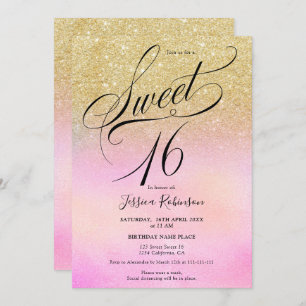 Convites glitter dourado script holográfico chic Sweet 16