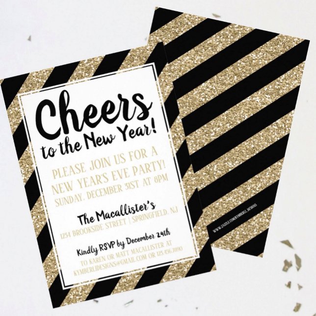 Convites Glitter Dourado Stripe anima o Ano Novo! (Criador carregado)
