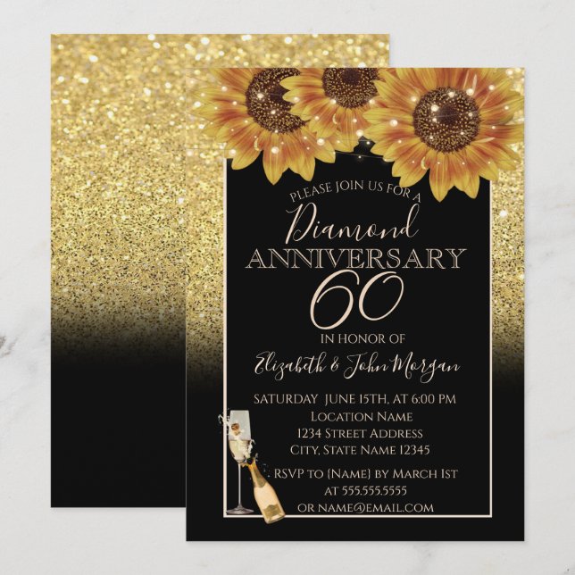 Convites Glitter Dourado, Vinho, Vidro, Girassóis Aniversár (Frente/Verso)