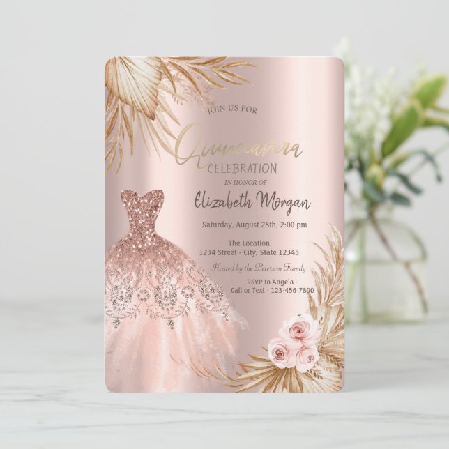 Convites Glitter Dress Boho Pampas Flores Quinceañera (Em pé/Frente)