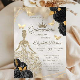 Convites Glitter Dress,Butterfly Black Roses Quinceañera