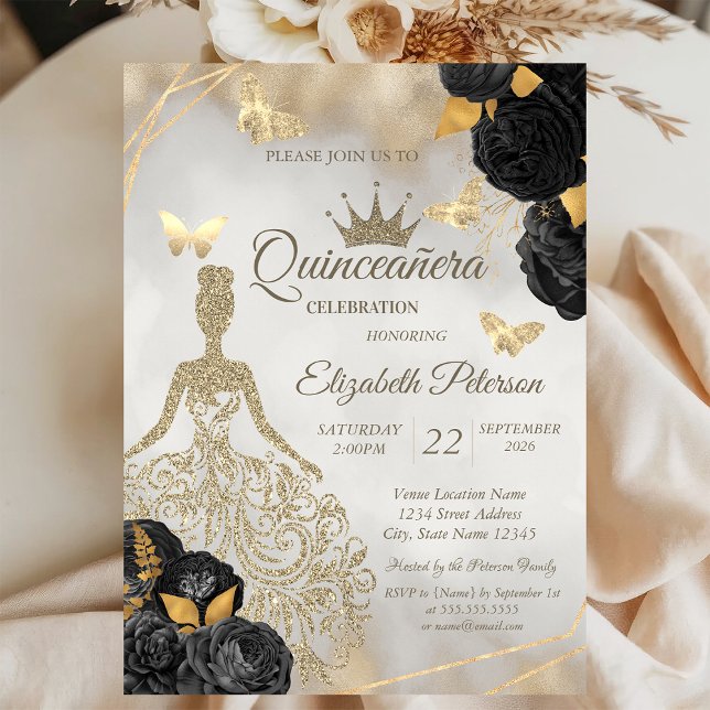 Convites Glitter Dress,Butterfly Black Roses Quinceañera (Criador carregado)