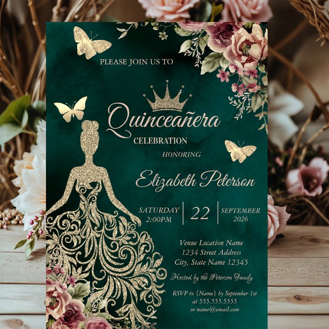 Convites Glitter Dress,Butterfly Floral Green Quinceañera (Criador carregado)