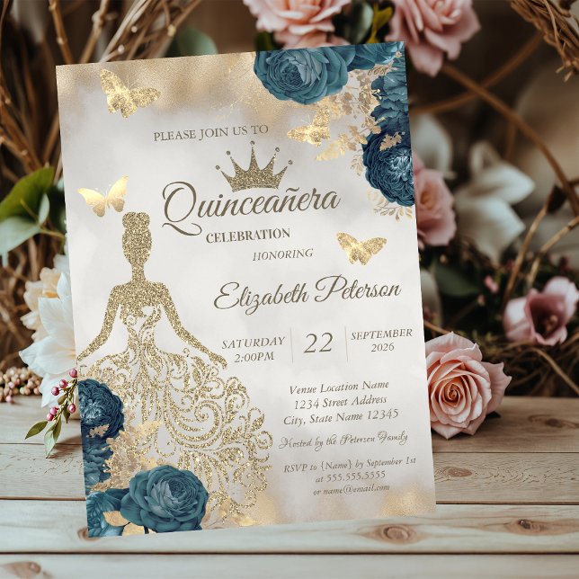 Convites Glitter Dress,Butterfly Green Roses 15th Birthday (Criador carregado)