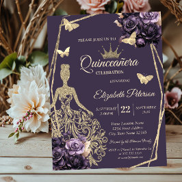 Convites Glitter Dress,Butterfly Purple Roses Quinceañera