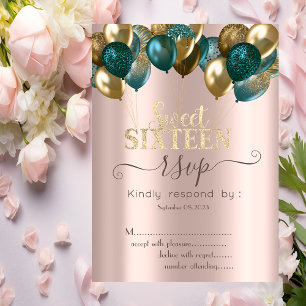 Convites Glitter Drips Balões Rosa Dourado Sweet 16 RSVP