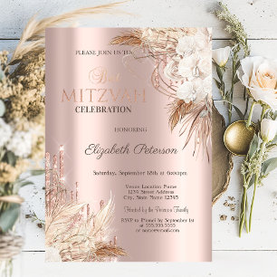 Convites Glitter Drips Boho Flores Rosa Dourado Bat Mitzvah