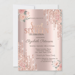 Convites Glitter Drips Boho Rosa Dourada Sweet 16