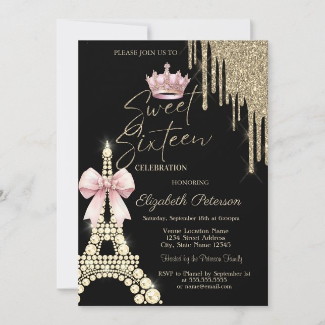 Convites Glitter Drips,Eiffel Tower Bow Crown Sweet 16  (Frente)