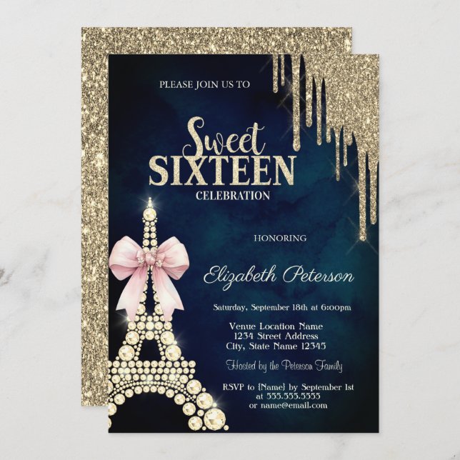 Convites Glitter Drips,Eiffel Tower Bow Navy Blue Sweet 16  (Frente/Verso)