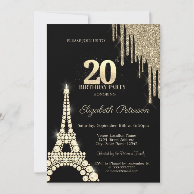 Convites Glitter Drips,Eiffel Tower Diamonds 20th Birthday (Frente)
