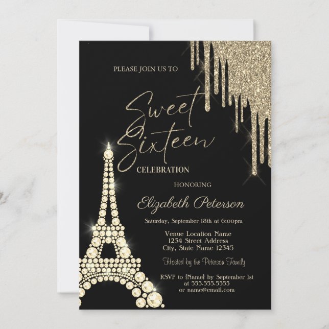 Convites Glitter Drips,Eiffel Tower Diamonds Sweet 16 (Frente)
