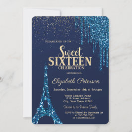 Convites Glitter Drips,Eiffel Tower Marinho Blue Sweet 16