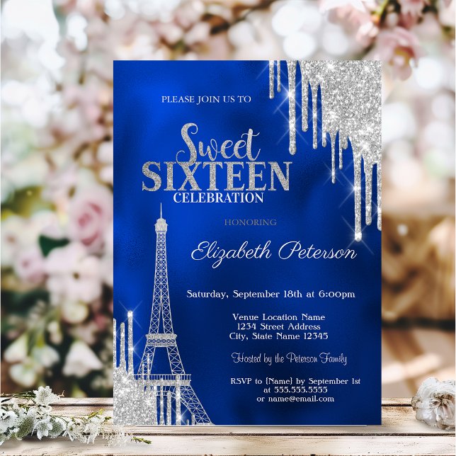 Convites Glitter Drips, Eiffel Tower Royal Blue Sweet 16 (Criador carregado)