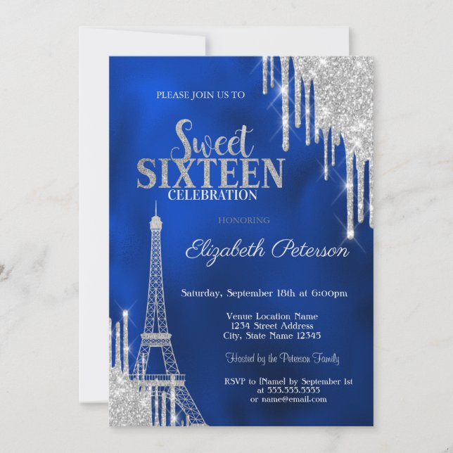 Convites Glitter Drips, Eiffel Tower Royal Blue Sweet 16 (Frente)