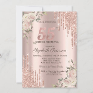 Convites Glitter Drips Floral Rose Gold Sua Foto 55h 
