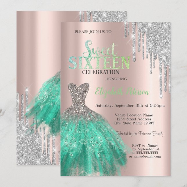 Convites Glitter Drips,Green Dress Rosa Dourado Sweet 16 (Frente/Verso)