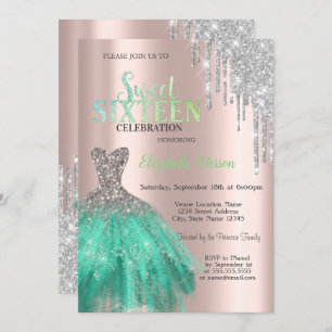 Convites Glitter Drips,Green Dress Rosa Dourado Sweet 16