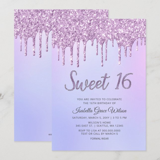 Convites Glitter Drips Holograph Purple Sweet 16 Aniversári (Frente/Verso)