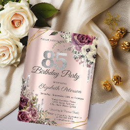 Convites Glitter Drips Rosa Dourado Floral 85º Aniversário