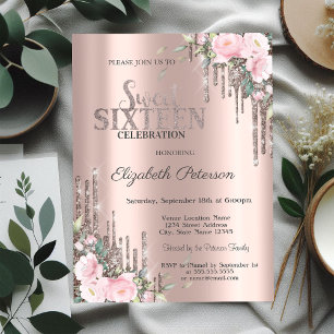 Convites  Glitter Drips Rosa Dourado Floral Sweet 16 
