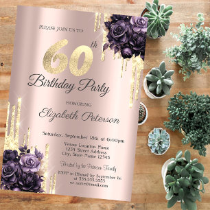 Convites Glitter Drips Rosa Dourado Rosas Roxos 60º