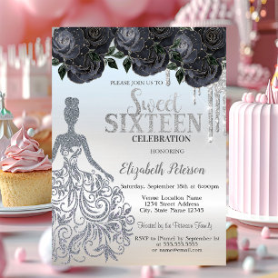 Convites Glitter Drips,Rosas Pretos De Vestido Doce 16 Conv