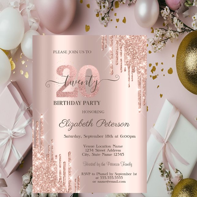 Convites Glitter Drips Rose Gold 20th Birthday Party (Criador carregado)