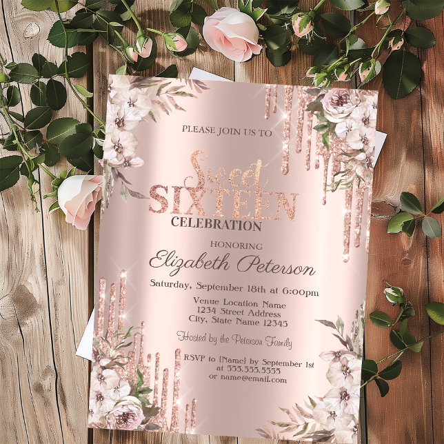 Convites Glitter Drips Rose Gold Boho Flores Sweet 16  (Criador carregado)
