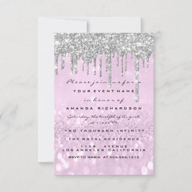 Convites Glitter Drips Silver Purple Bridal Sweet 16º (Frente)