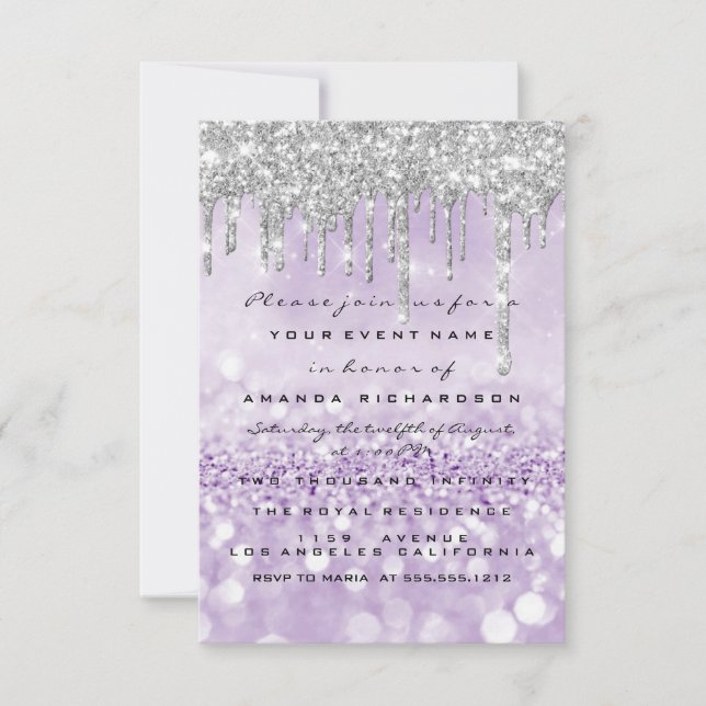 Convites Glitter Drips Silver Purple Bridal Sweet 16º (Frente)