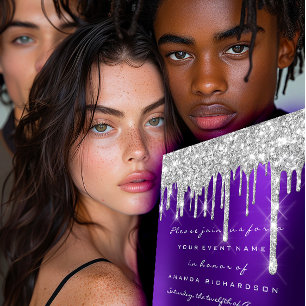 Convites Glitter Drips Silver Purple Bridal Sweet 16º