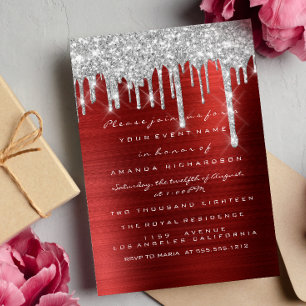 Convites Glitter Drips Silver Red Ruby Bridal 16º