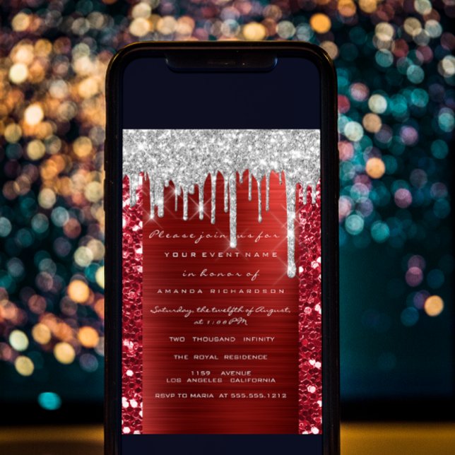 Convites Glitter Drips Silver Red Ruby Bridal 16º (Criador carregado)