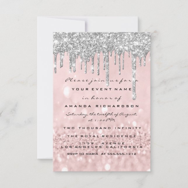 Convites Glitter Drips Silver Rosa Bridal Sweet 16º (Frente)