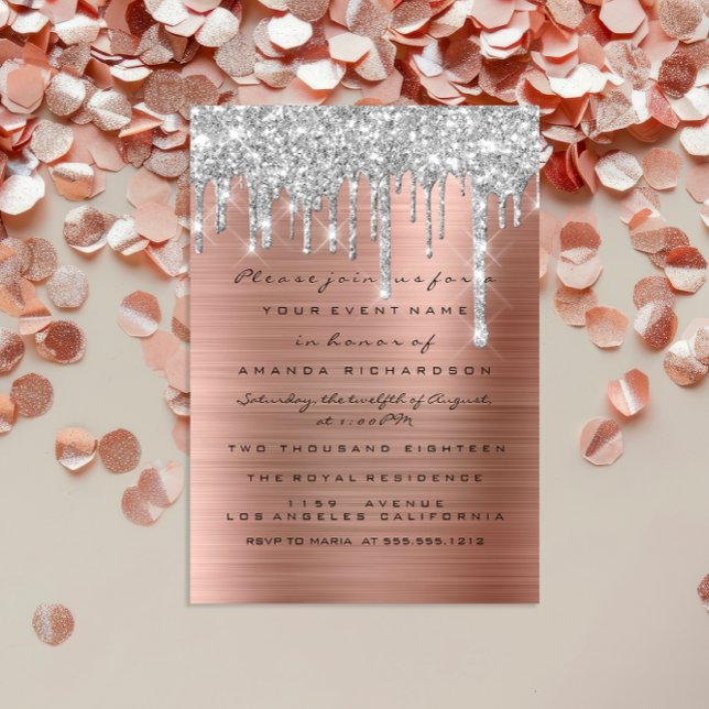 Convites Glitter Drips Silver Rosa Dourado Bridal 16º (Glitter Drips Silver Rose Gold Bridal Sweet 16th Invitation)