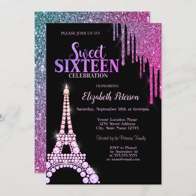 Convites Glitter Drips,Torre Eiffel Black Sweet 16 (Frente/Verso)