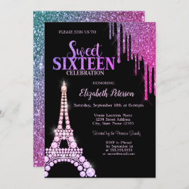 Convites Glitter Drips,Torre Eiffel Black Sweet 16
