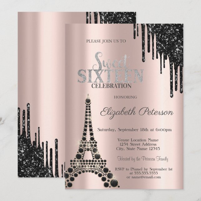 Convites Glitter Drips,Torre Eiffel Preta Sweet 16 (Frente/Verso)