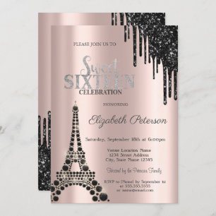 Convites Glitter Drips,Torre Eiffel Preta Sweet 16