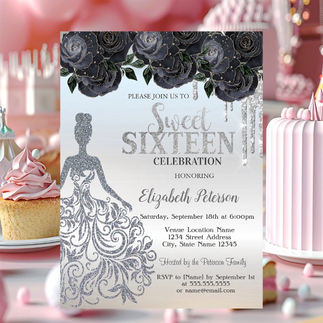 Convites Glitter Drips,Vestido Black Roses Sweet 1 (Criador carregado)