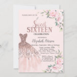 Convites Glitter Drips,Vestido,Flores Rosa Doce 16<br><div class="desc">Vestido elegante de ouro rosa,  e flores cor-de-rosa em fundo rosa.</div>