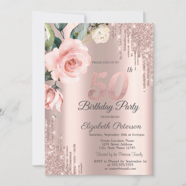 Convites Glitter Drips Watercolor Rosa 50th Birthday (Frente)