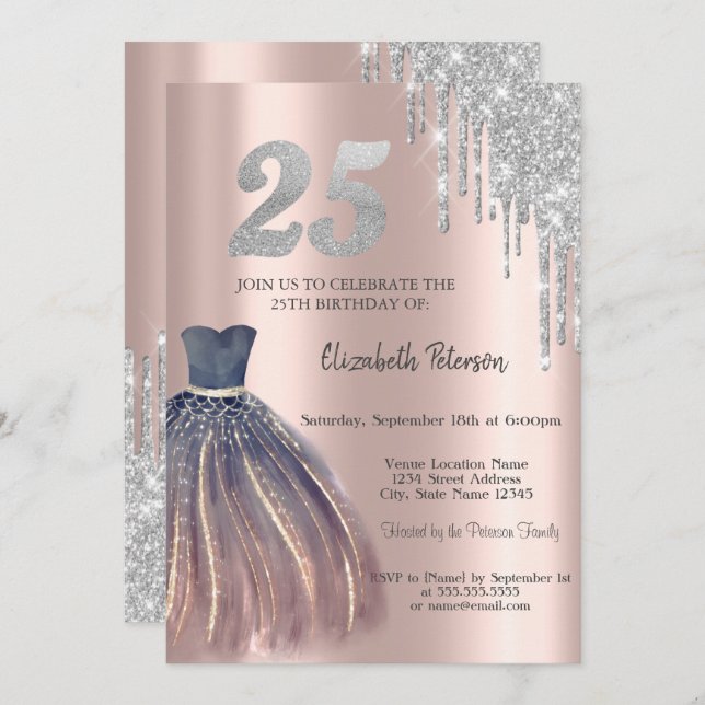 Convites Glitter Drives, 25 de Vestido Chic Aniversário (Frente/Verso)