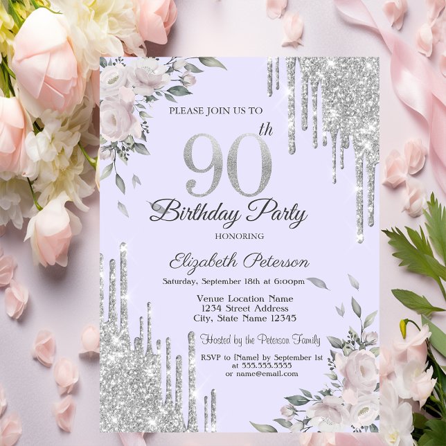 Convites Glitter Drives, Flores Lavander 90 Birthday (Criador carregado)