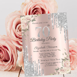 Convites Glitter Drives, Flores Rosa 70 Dourado Aniversário