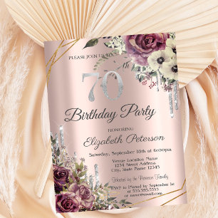 Convites Glitter Drives Rosa Dourado 70 Floral Aniversário